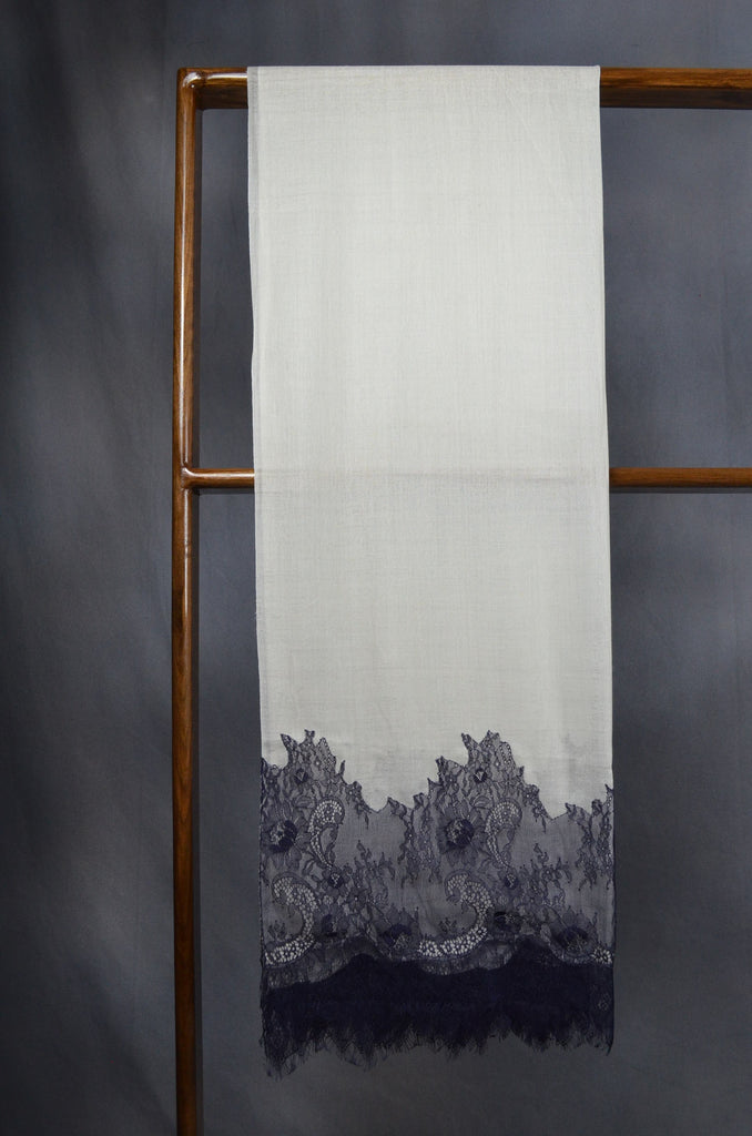 Ivory Base with Korean Black lace Merino & Silk Scarf