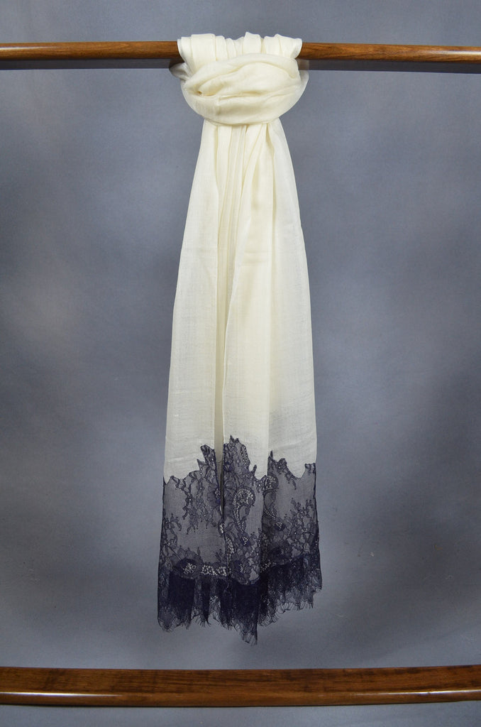 Ivory Base with Korean Black lace Merino & Silk Scarf