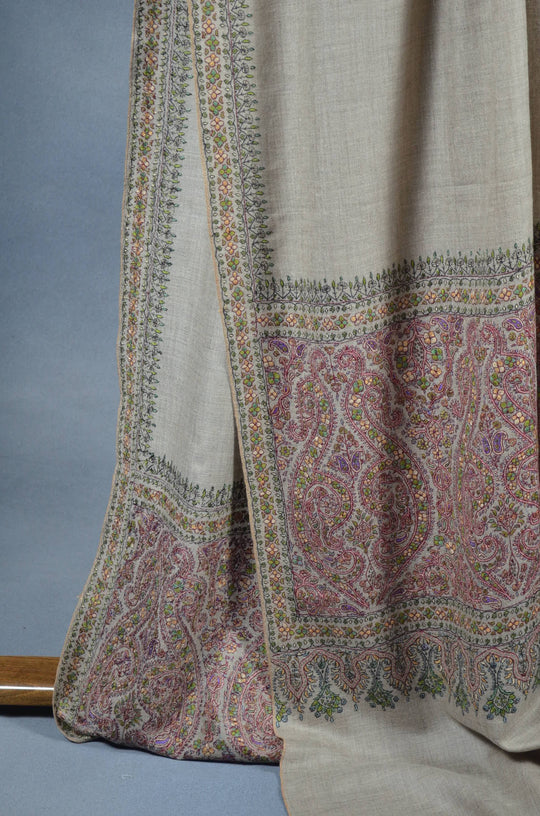 3 Yard Pashmina Big Border Embroidery Shawl in Natural Base