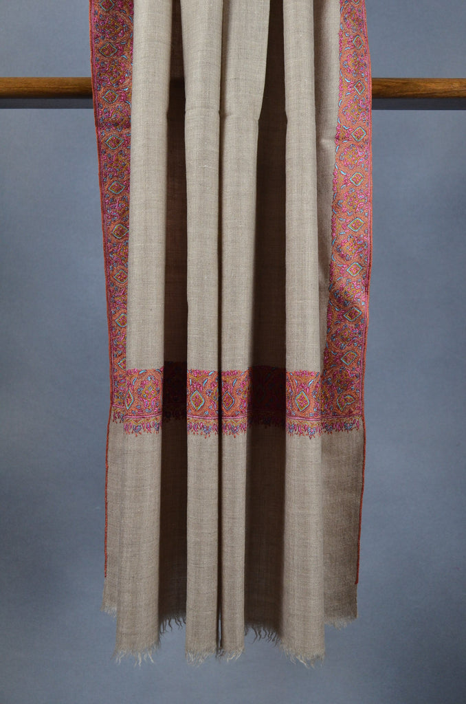 Beige Base Big Border Embroidery Cashmere Pashmina Shawl