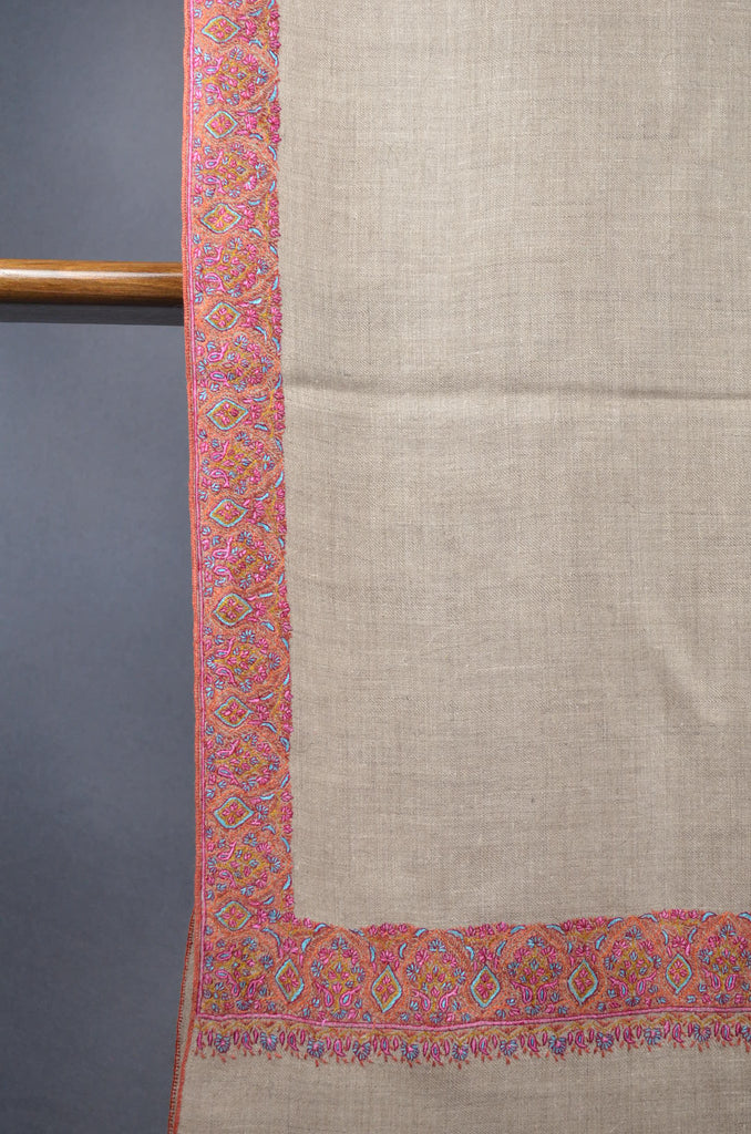 Beige Base Big Border Embroidery Cashmere Pashmina Shawl