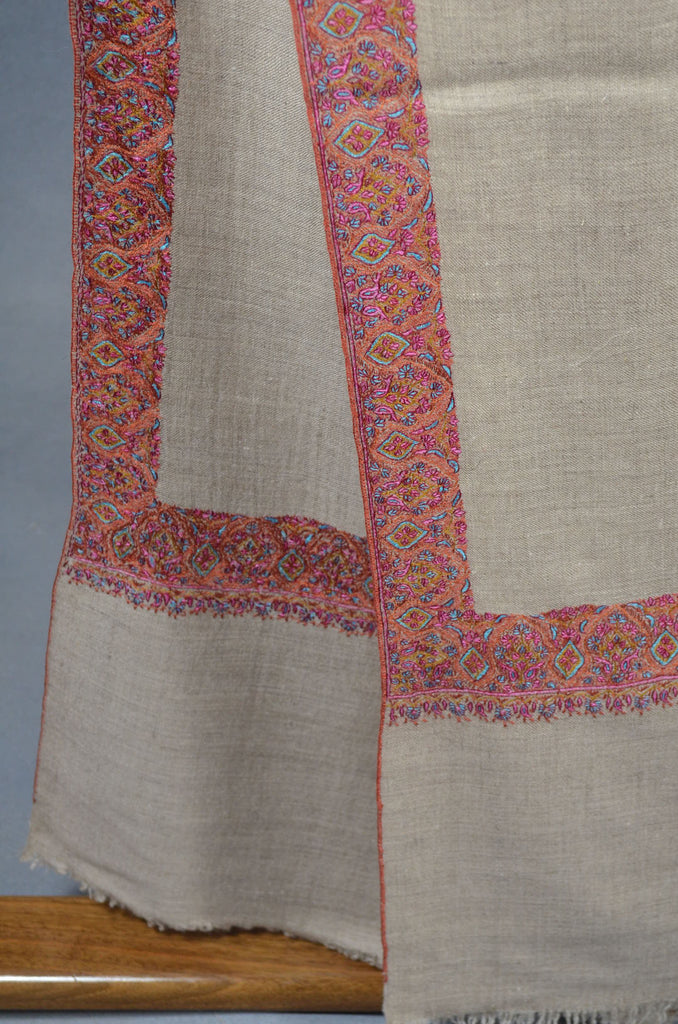 Beige Base Big Border Embroidery Cashmere Pashmina Shawl