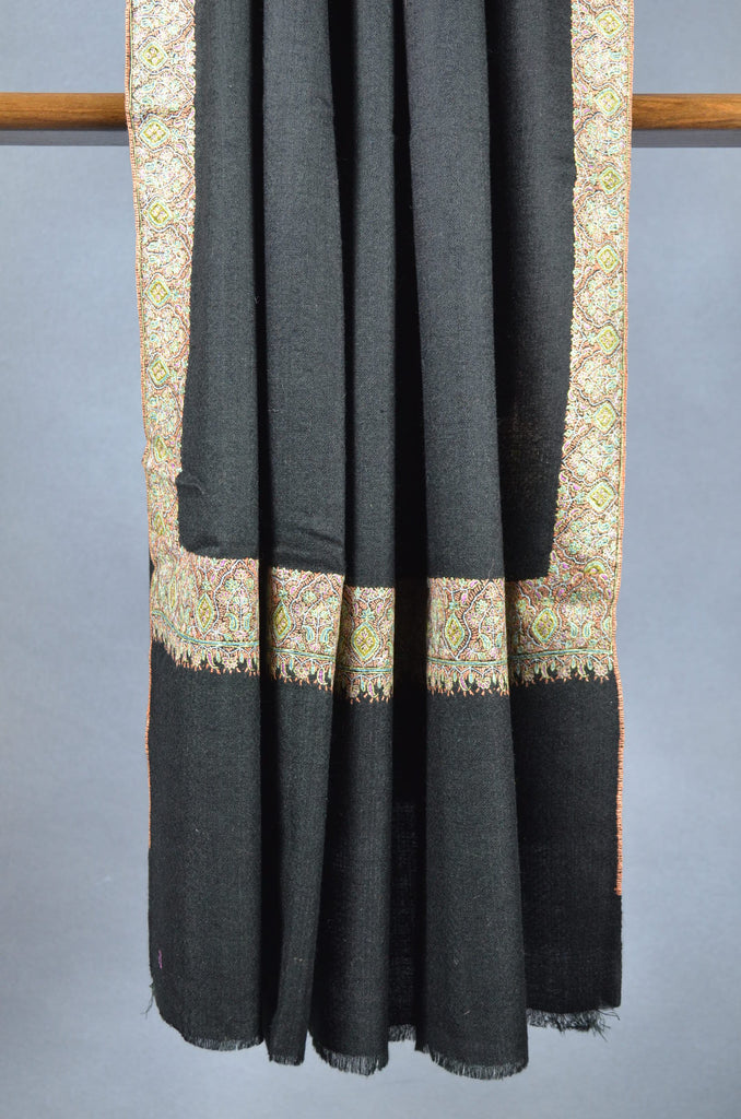 Black Base Big Multicolor Border Embroidery Cashmere Pashmina Shawl