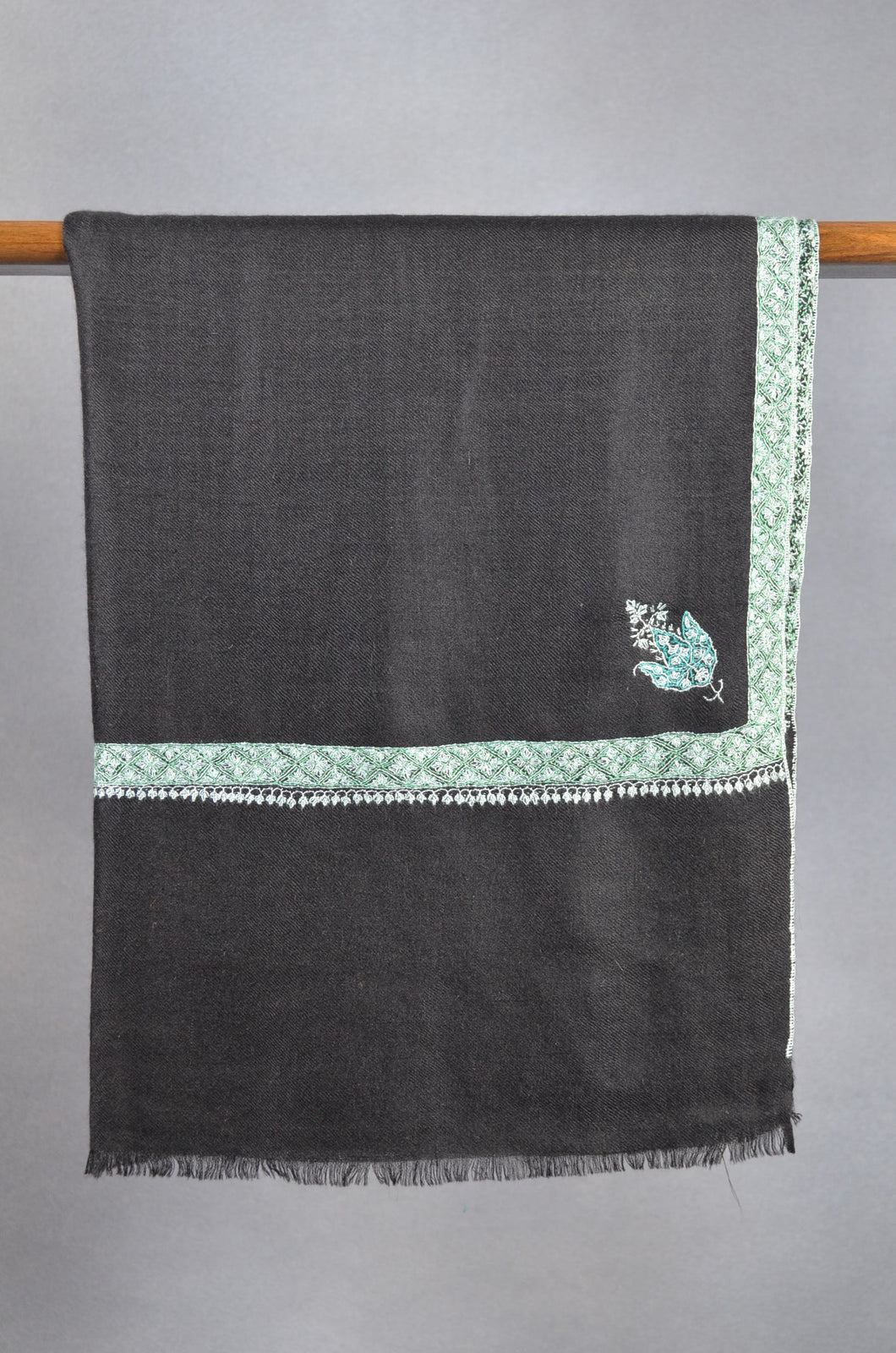 Black Base Green Border Embroidery Cashmere Pashmina Scarf