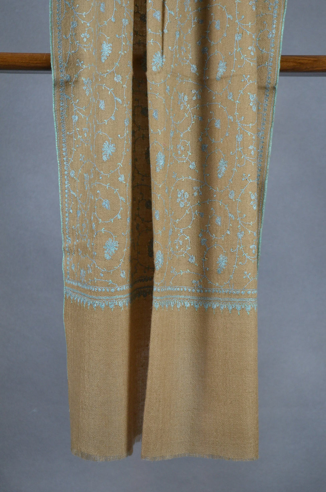Beige Base Jali Blue Embroidery Pashmina Cashmere Scarf