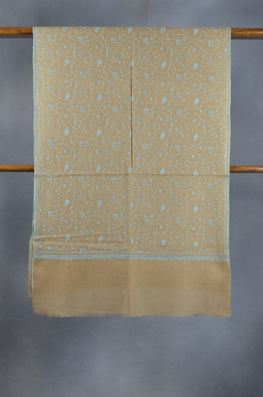 Beige Base Jali Blue Embroidery Pashmina Cashmere Scarf