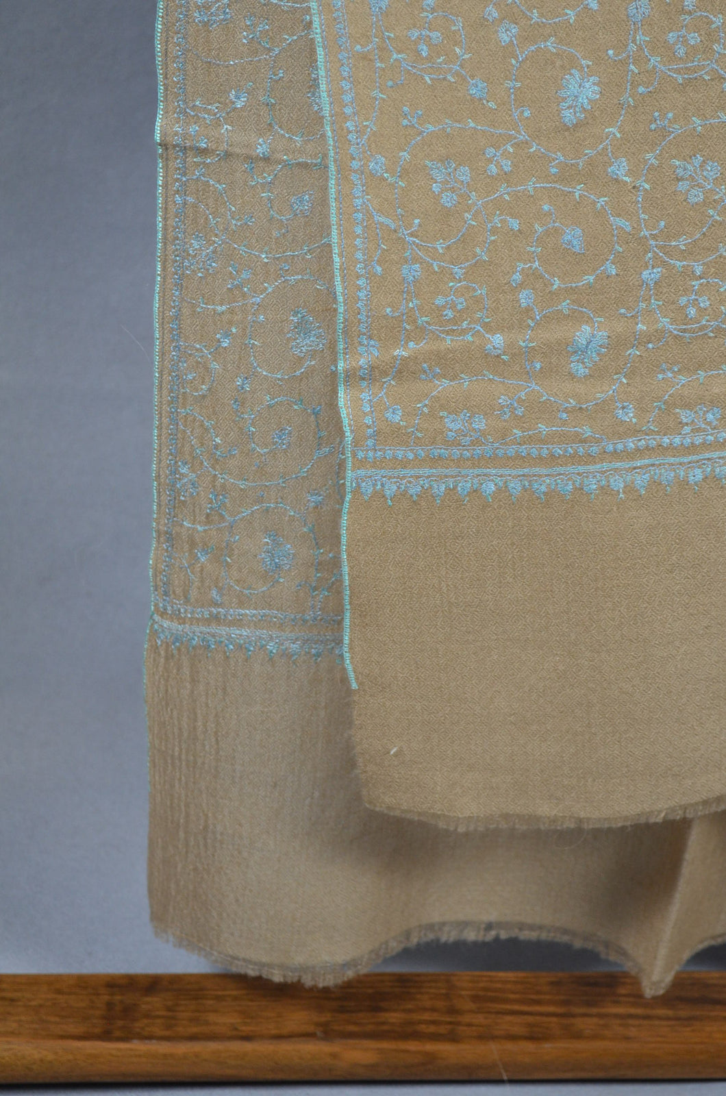 Beige Base Jali Blue Embroidery Pashmina Cashmere Scarf