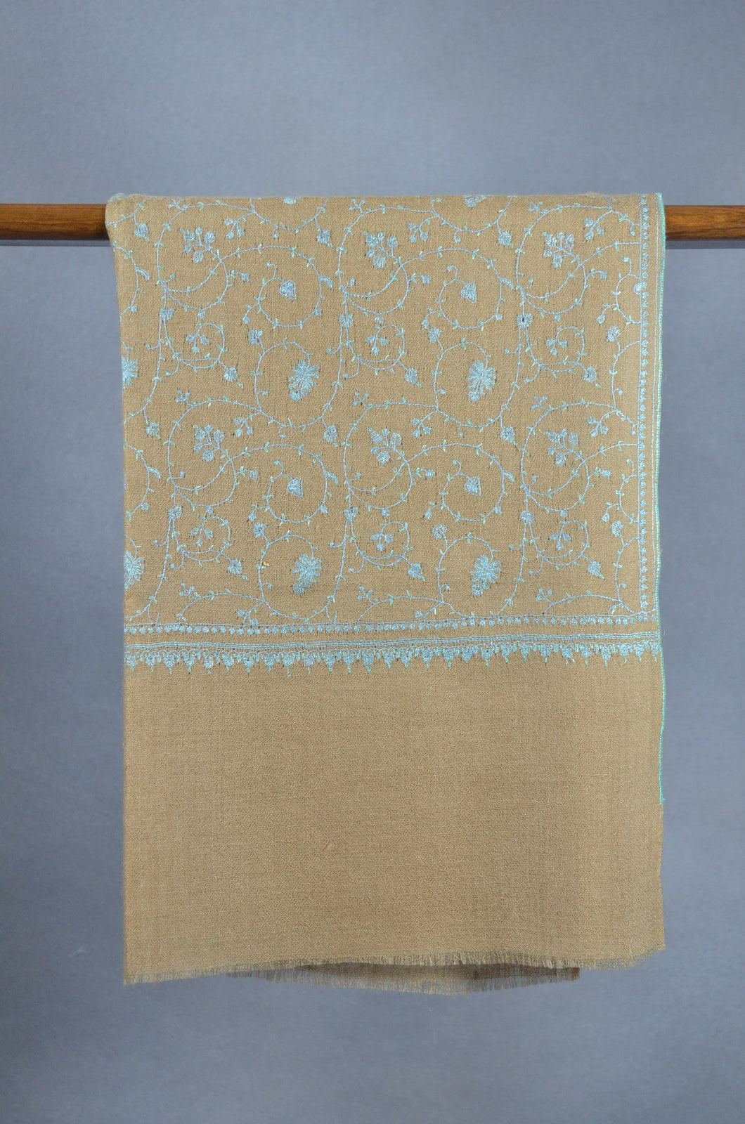 Beige Base Jali Blue Embroidery Pashmina Cashmere Scarf