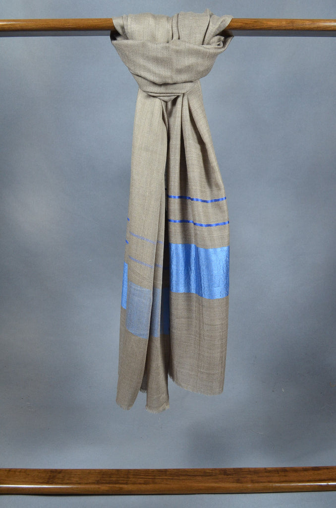 Blue Border Natural Base Merino & Silk Scarf