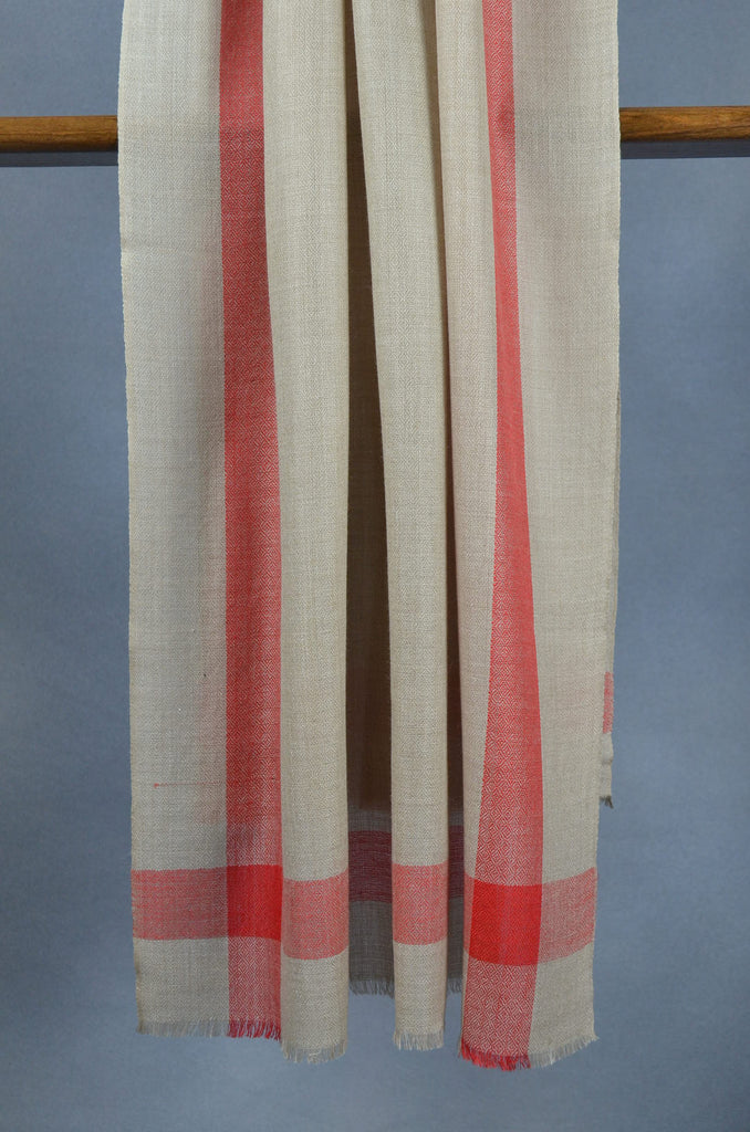 Red Border Natural Base Merino & Silk Scarf