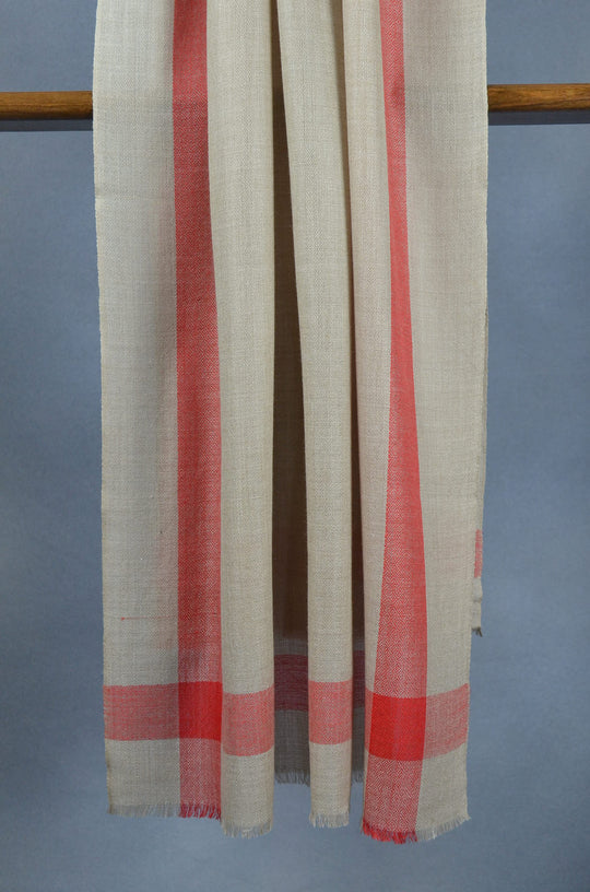 Red Border Natural Base Merino & Silk Scarf