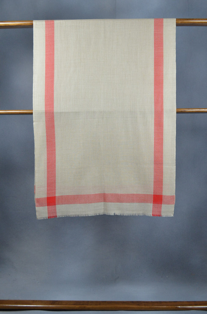 Red Border Natural Base Merino & Silk Scarf