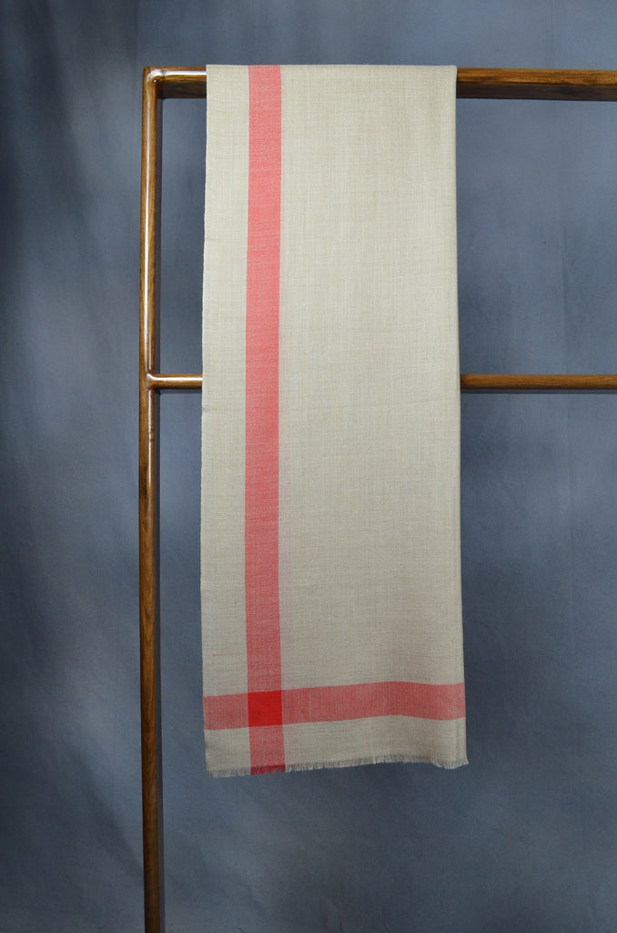 Red Border Natural Base Merino & Silk Scarf