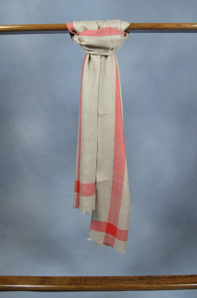 Red Border Natural Base Merino & Silk Scarf