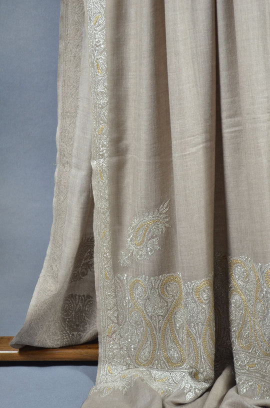 3 Yard Pashmina Border Tilla Embroidery Shawl in Natural Base