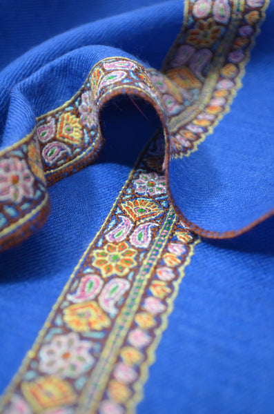 Royal Blue Border Embroidery Cashmere Pashmina Shawl