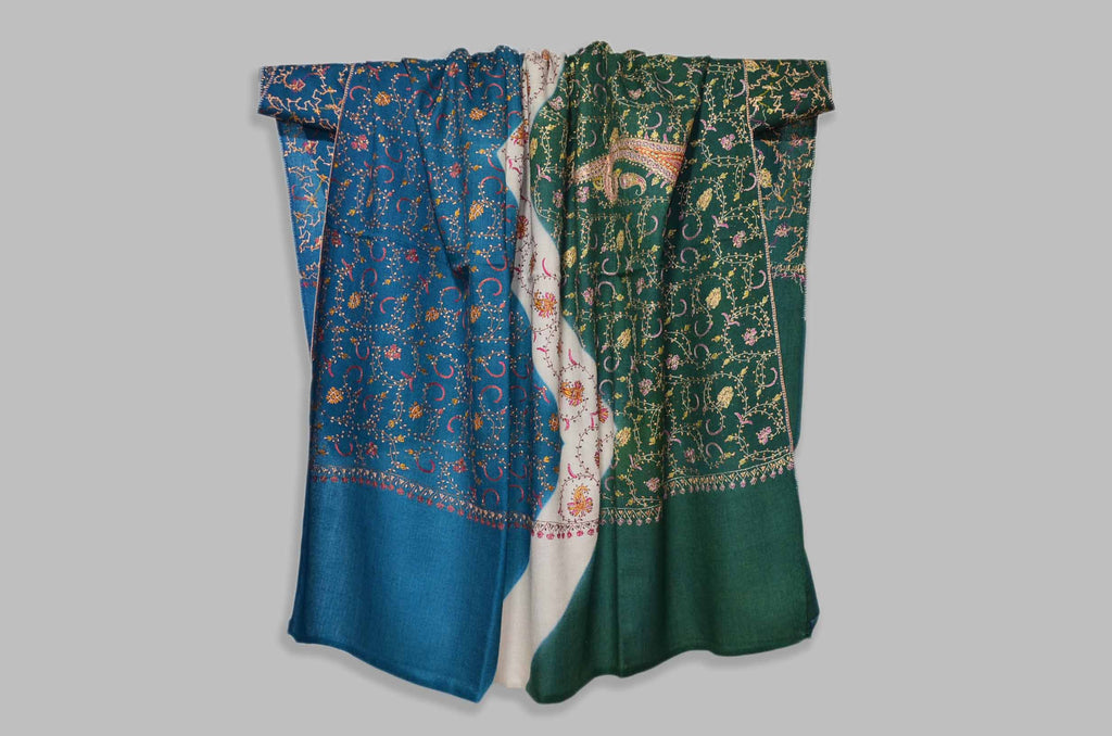 The best wool shawls to keep you warm. This triple dye shawl gives a royal look on you and has an amazing hand embroidery