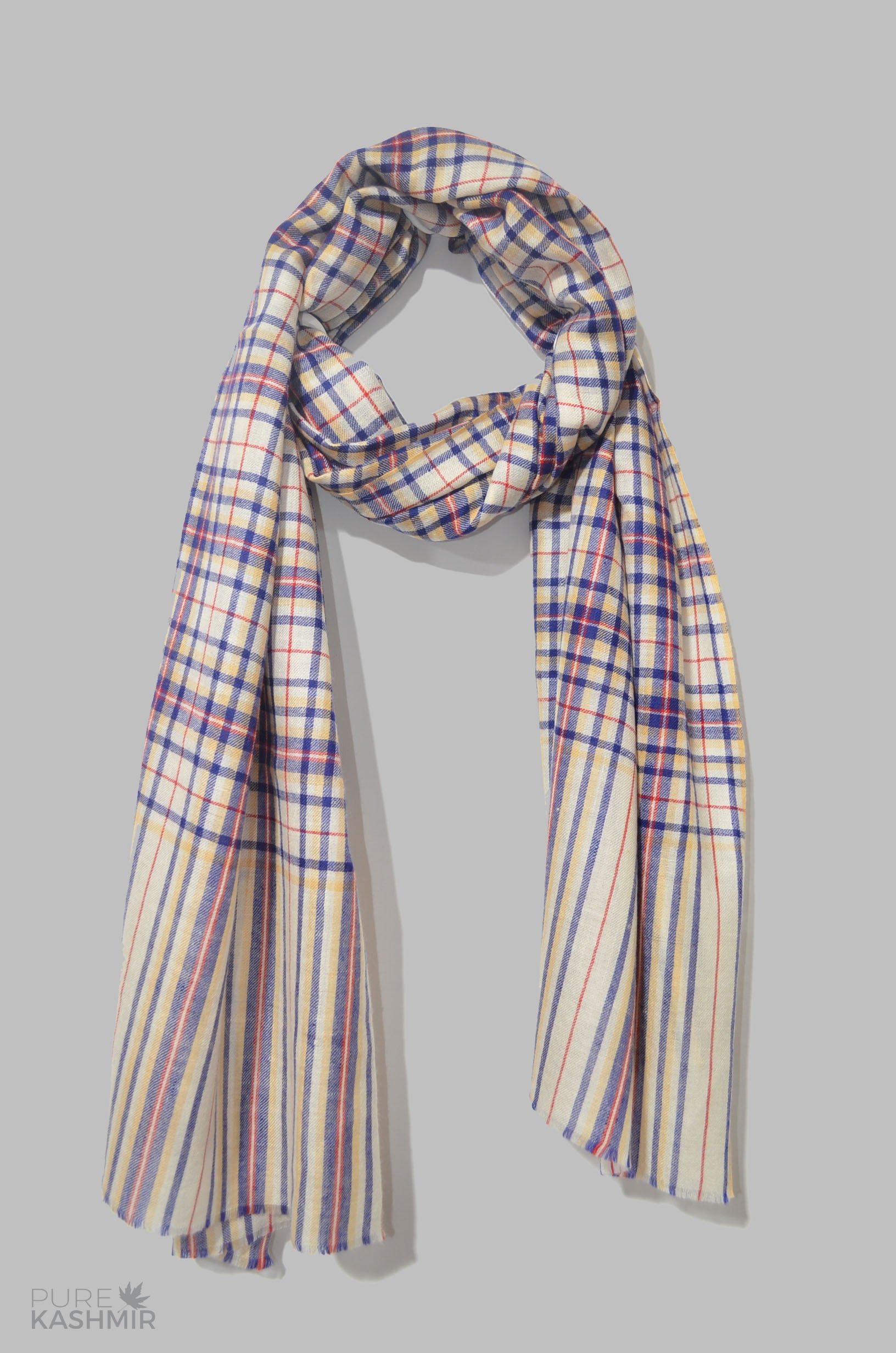 Ivory Blue Check Cashmere Travel Wrap
