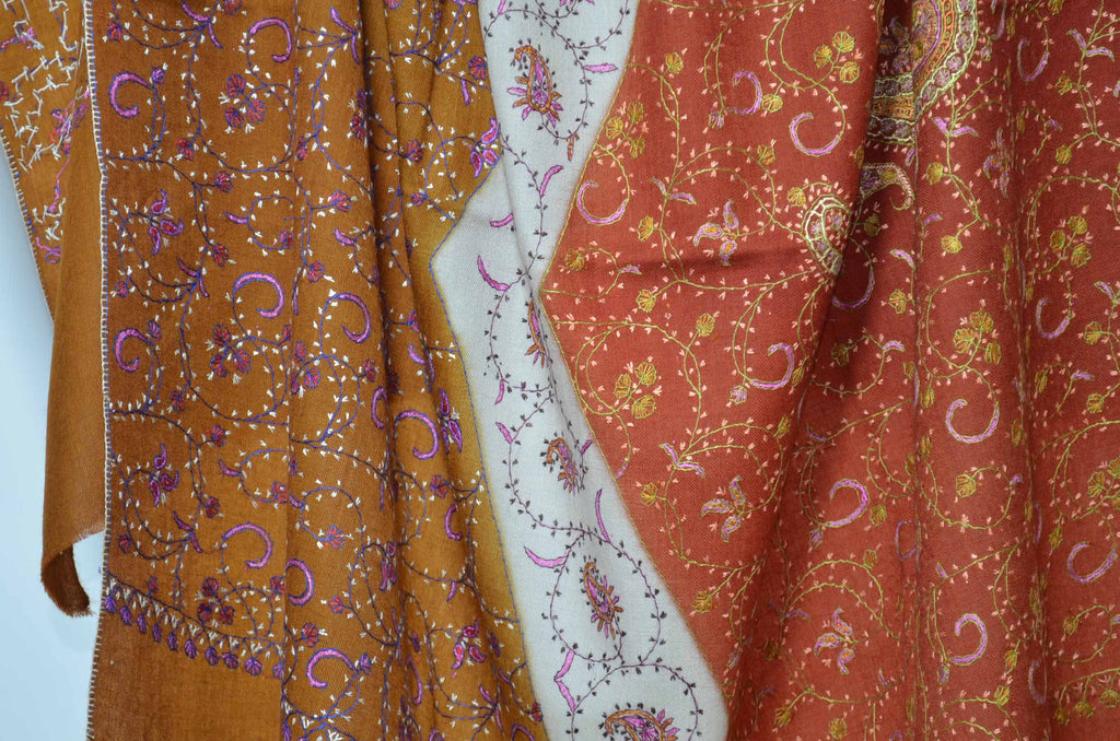 Orange, Ivory & Maroon Triple Dye Merino Sozni Hand Embroidery Shawl