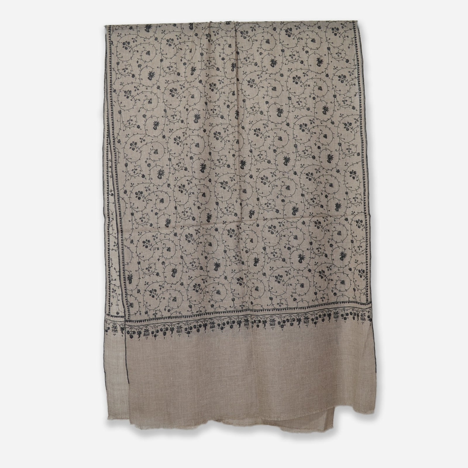 Un Dyed Taupe Jali Embroidery Pashmina Cashmere Scarf