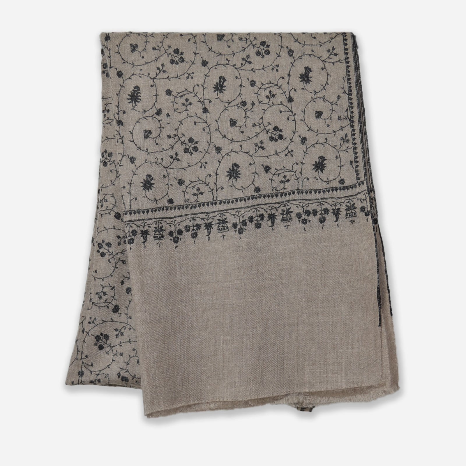 Un Dyed Taupe Jali Embroidery Pashmina Cashmere Scarf