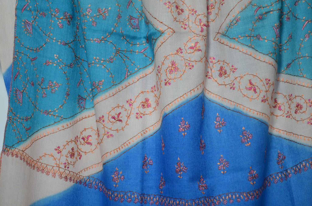 Blue, Ivory & Baby Blue Triple Dye Merino Sozni Hand Embroidery Shawl