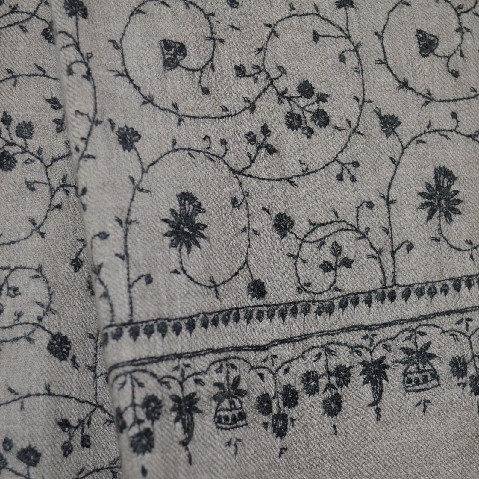 Un Dyed Taupe Jali Embroidery Pashmina Cashmere Scarf
