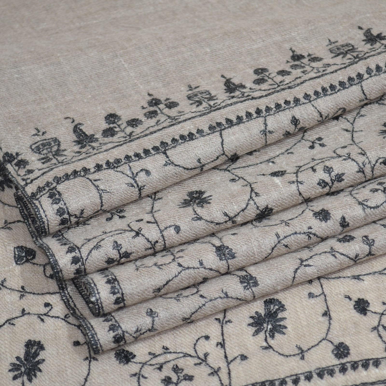 Un Dyed Taupe Jali Embroidery Pashmina Cashmere Scarf