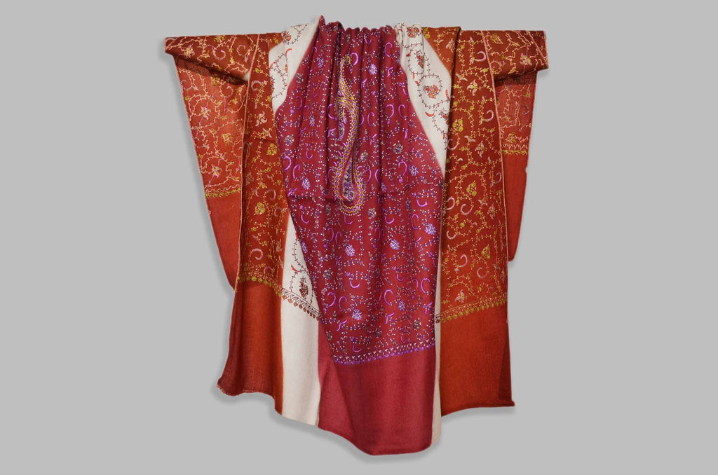 Orange, Maroon & Ivory Triple Dye Merino Sozni Hand Embroidery Shawl