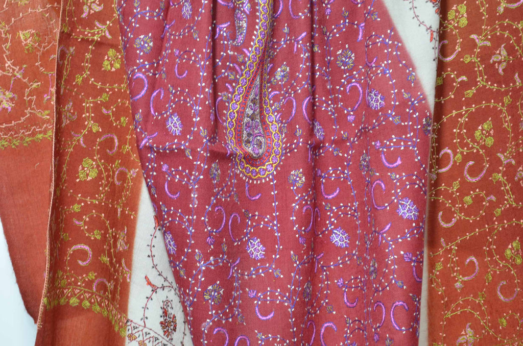 Orange, Maroon & Ivory Triple Dye Merino Sozni Hand Embroidery Shawl