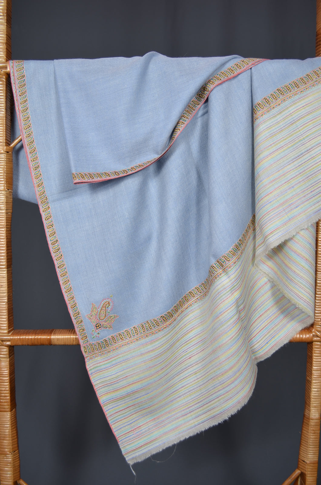 Blue Ikat Border Embroidery Cashmere Pashmina Shawl