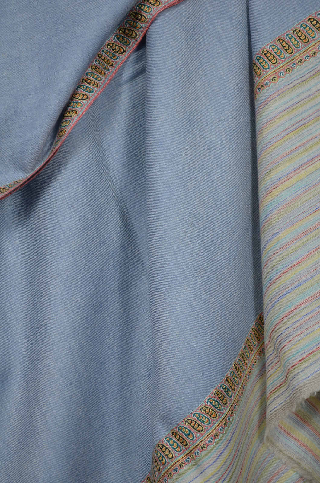 Blue Ikat Border Embroidery Cashmere Pashmina Shawl
