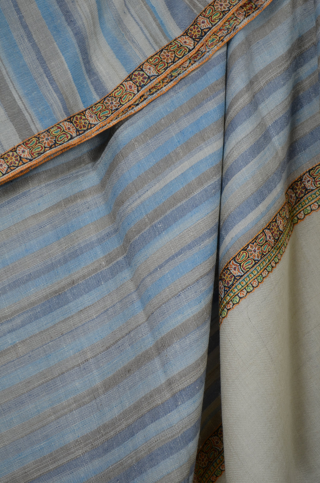 Blue Ikat Border Embroidery Cashmere Pashmina Shawl
