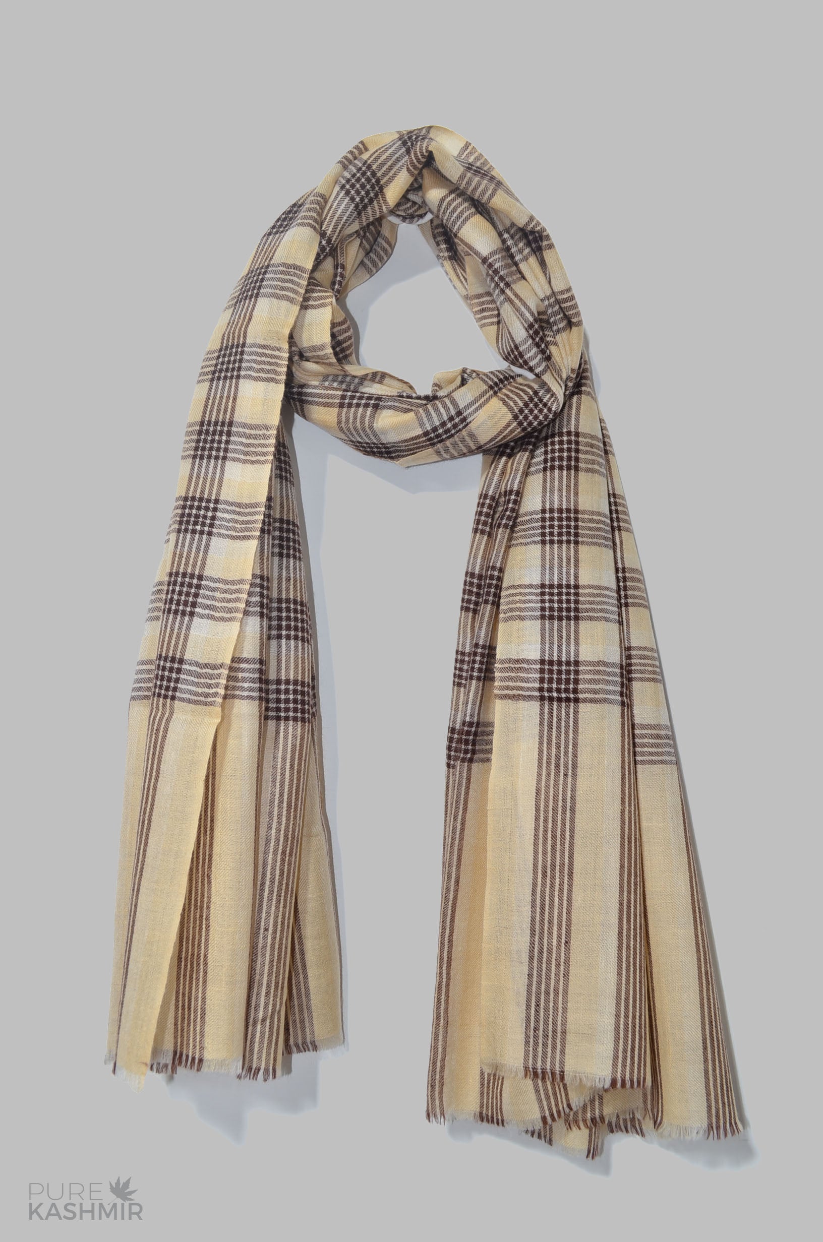 Beige Checkered Cashmere Pashmina Shawl
