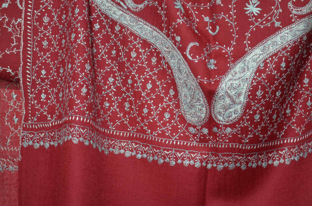Red Jali Merino Sozni Hand Embroidery Scarf