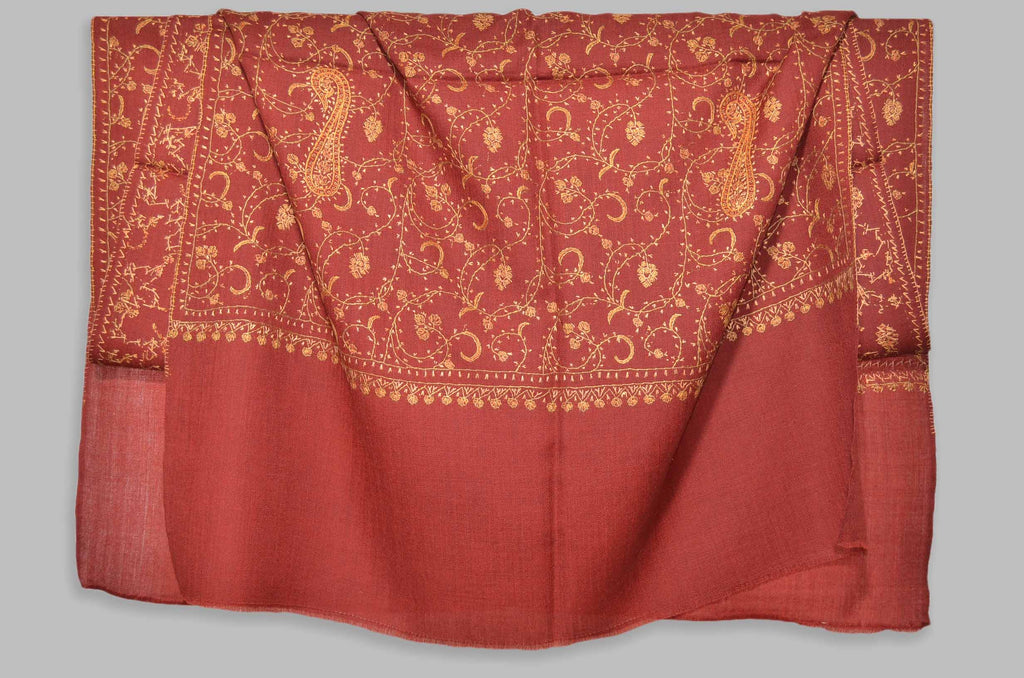 Maroon Jali Merino Sozni Hand Embroidery Scarf