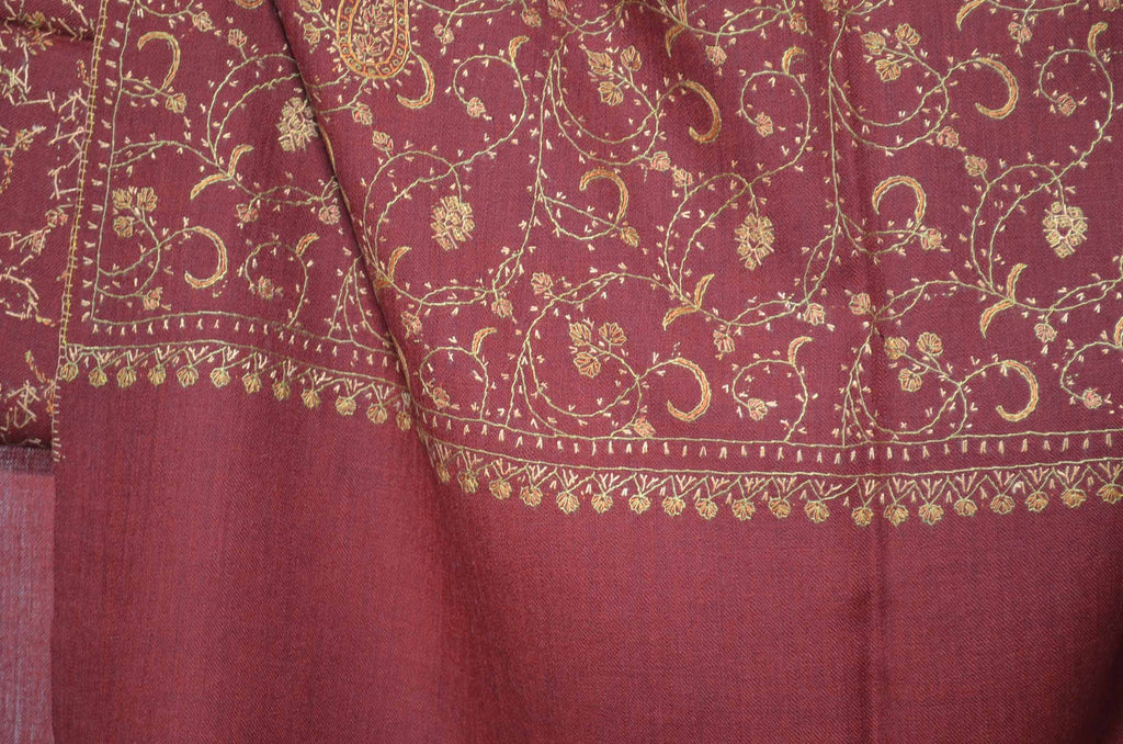 Maroon Jali Merino Sozni Hand Embroidery Scarf