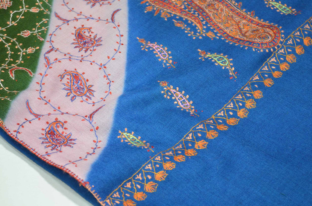 The best wool shawls to keep you warm. This triple dye shawl gives a royal look on you and has an amazing hand embroidery