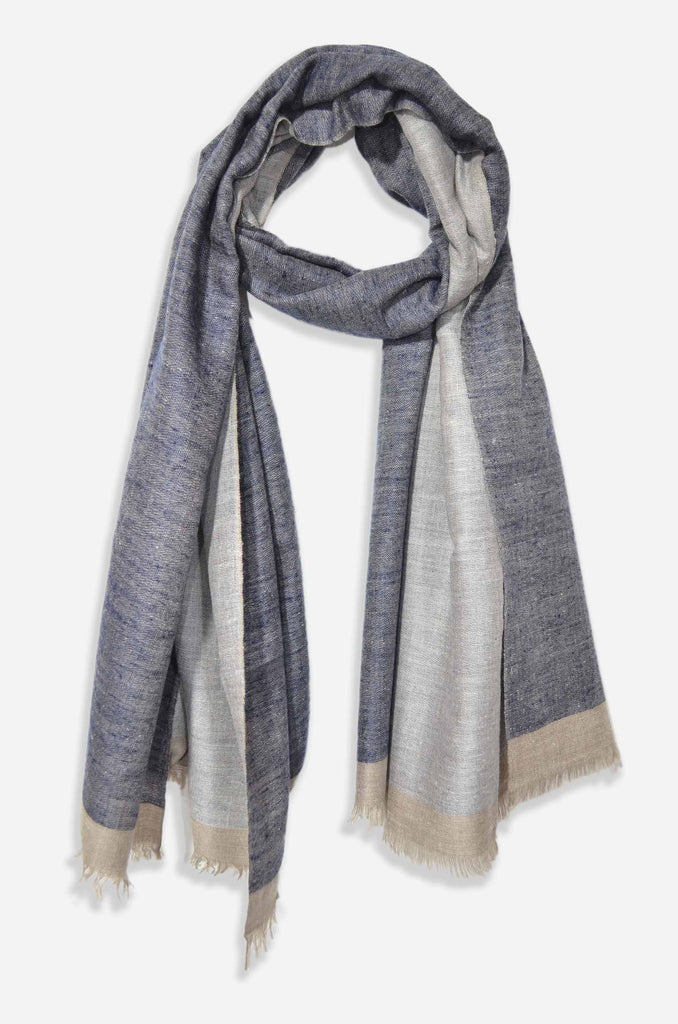 Reversible Navy Blue and Natural Handwoven Cashmere Pashmina Shawl