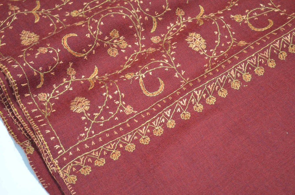 Maroon Jali Merino Sozni Hand Embroidery Scarf