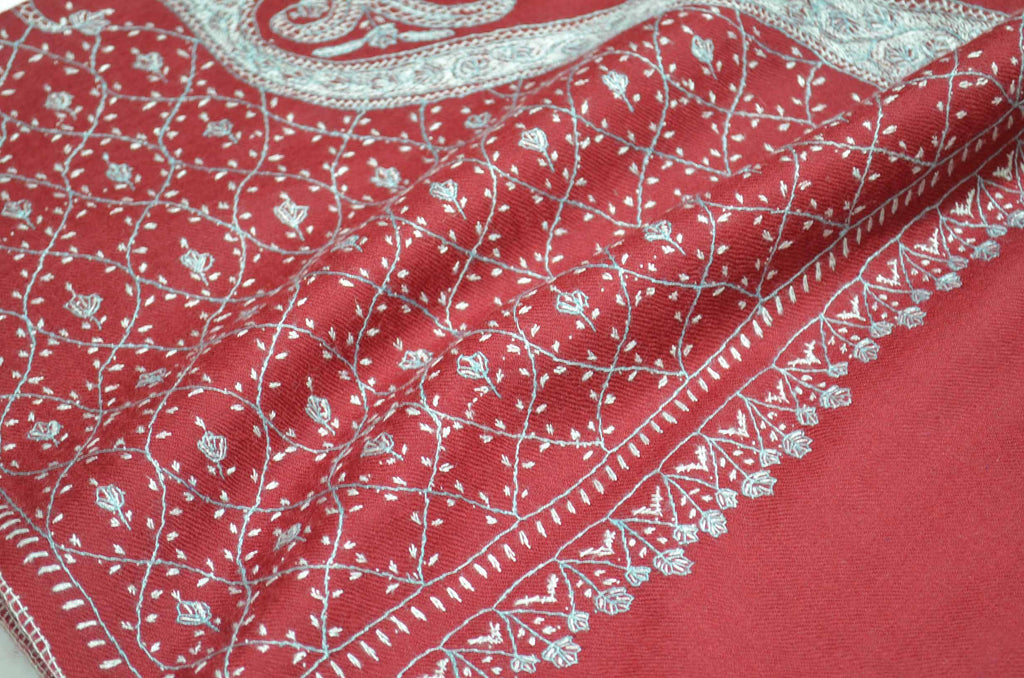 Red Jali Merino Sozni Hand Embroidery Scarf