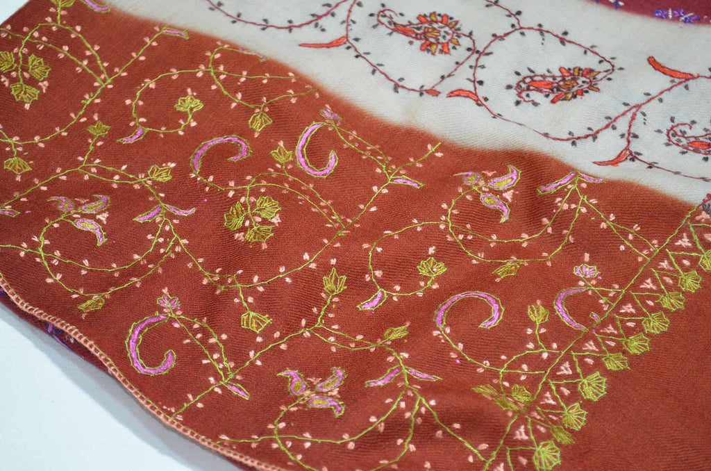 Orange, Maroon & Ivory Triple Dye Merino Sozni Hand Embroidery Shawl