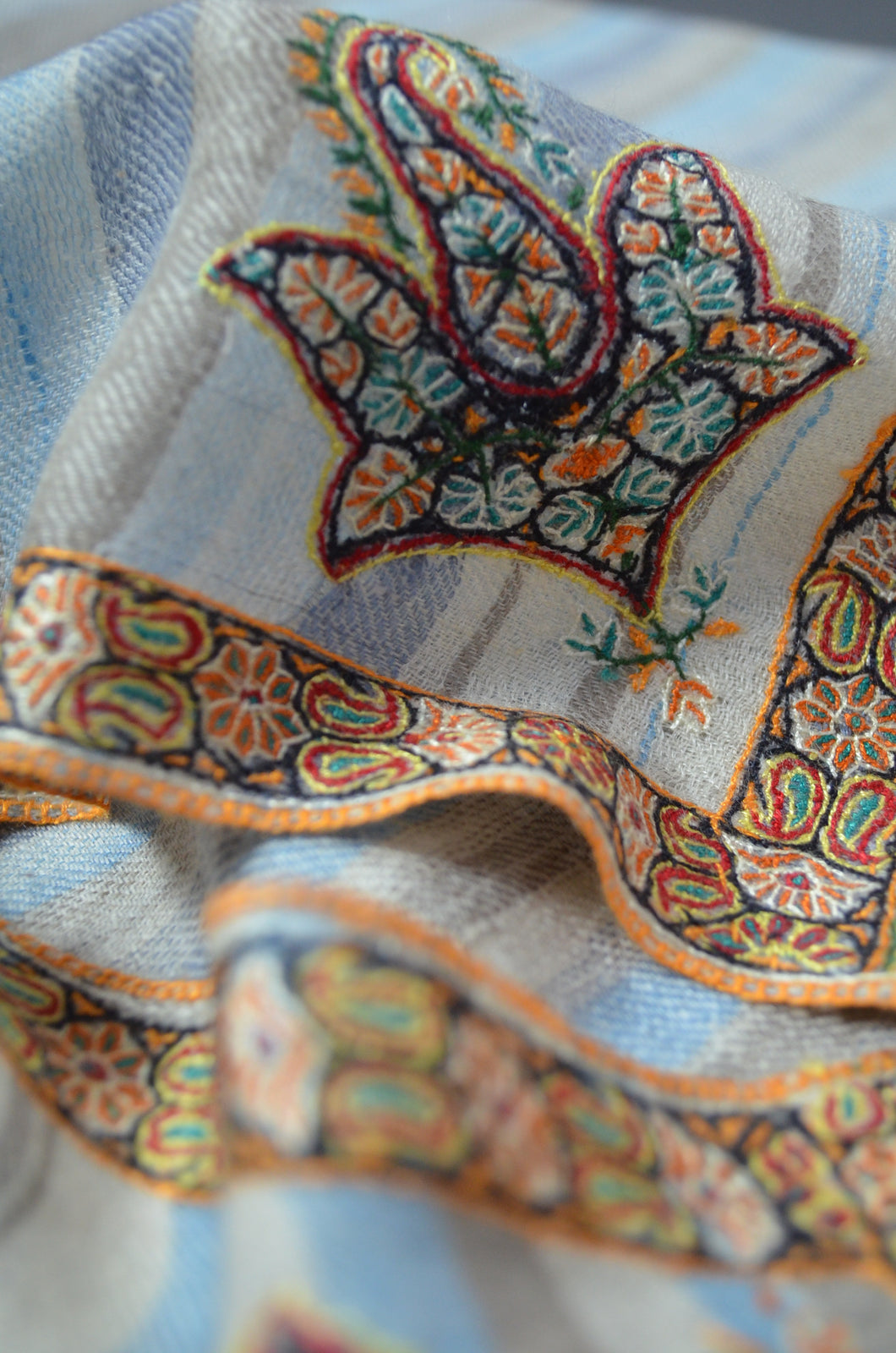 Blue Ikat Border Embroidery Cashmere Pashmina Shawl