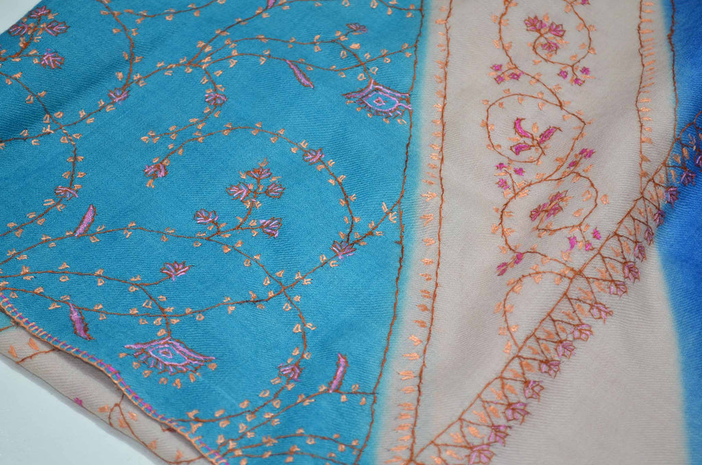 Blue, Ivory & Baby Blue Triple Dye Merino Sozni Hand Embroidery Shawl