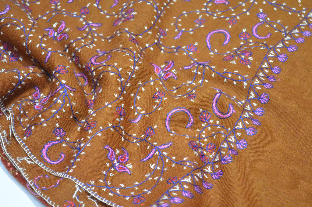 Orange, Ivory & Maroon Triple Dye Merino Sozni Hand Embroidery Shawl
