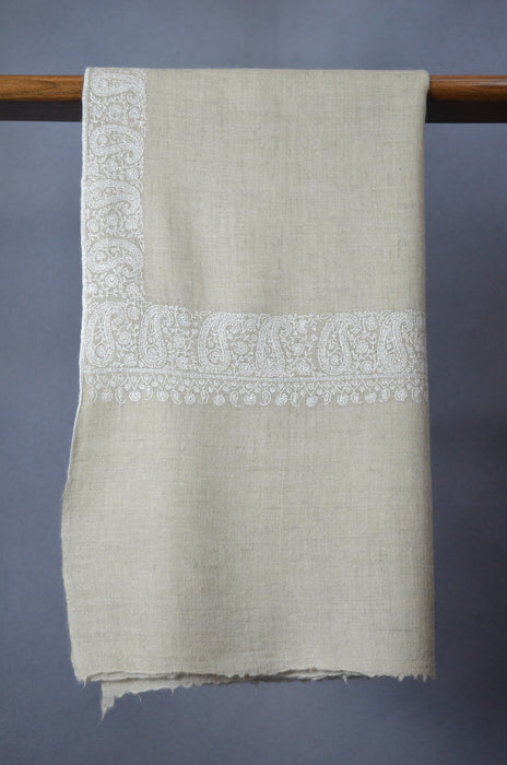 Un Dyed Pastle Border Embroidery Cashmere Pashmina Shawl