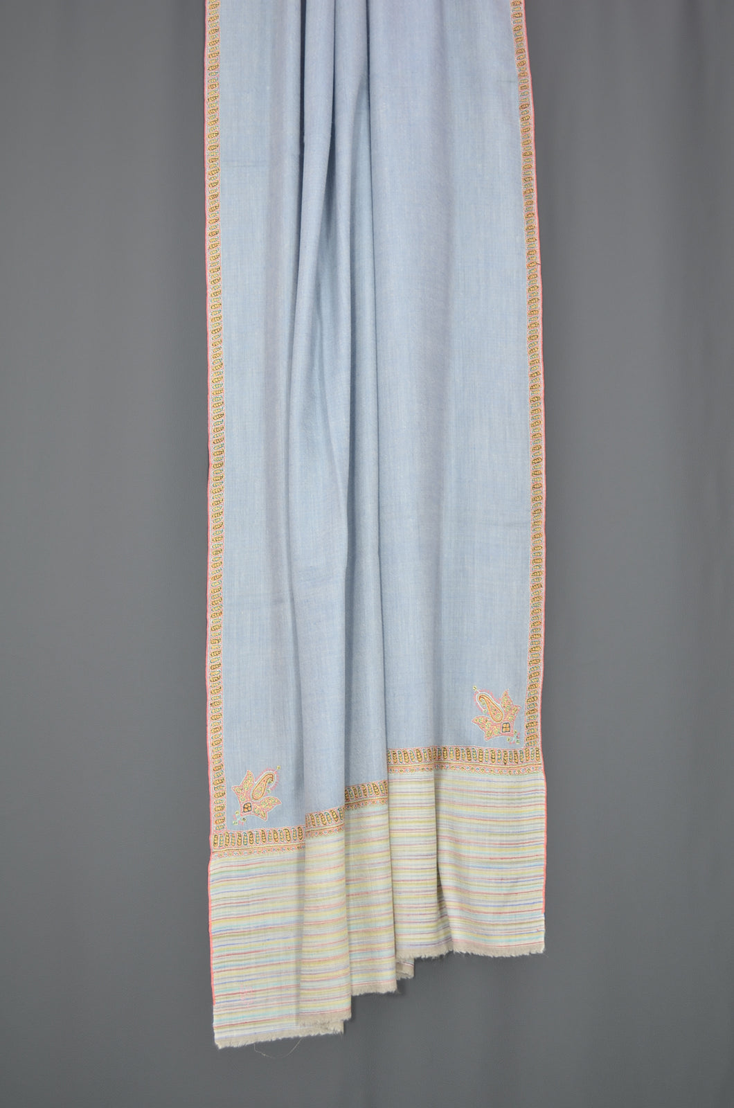 Blue Ikat Border Embroidery Cashmere Pashmina Shawl