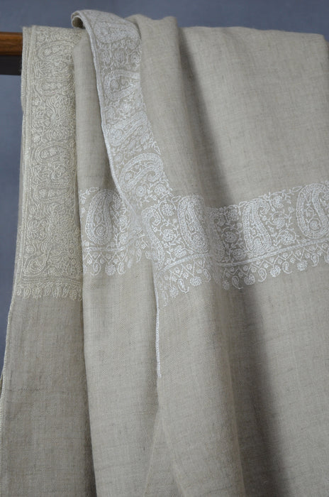 Un Dyed Pastle Border Embroidery Cashmere Pashmina Shawl
