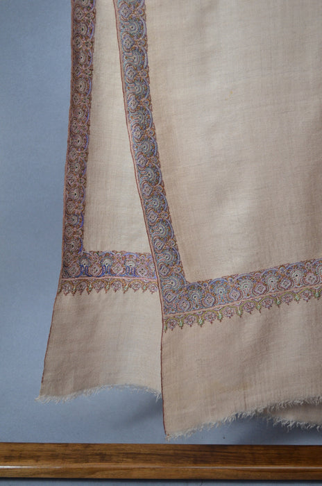 Un Dyed Natural Border Embroidery Cashmere Pashmina Shawl