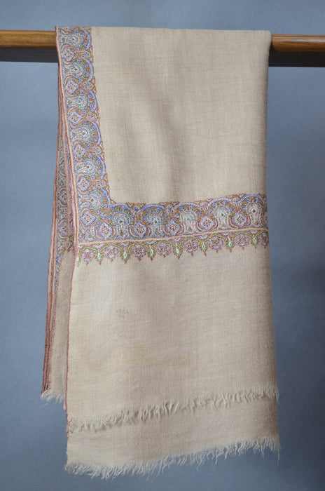 Un Dyed Natural Border Embroidery Cashmere Pashmina Shawl
